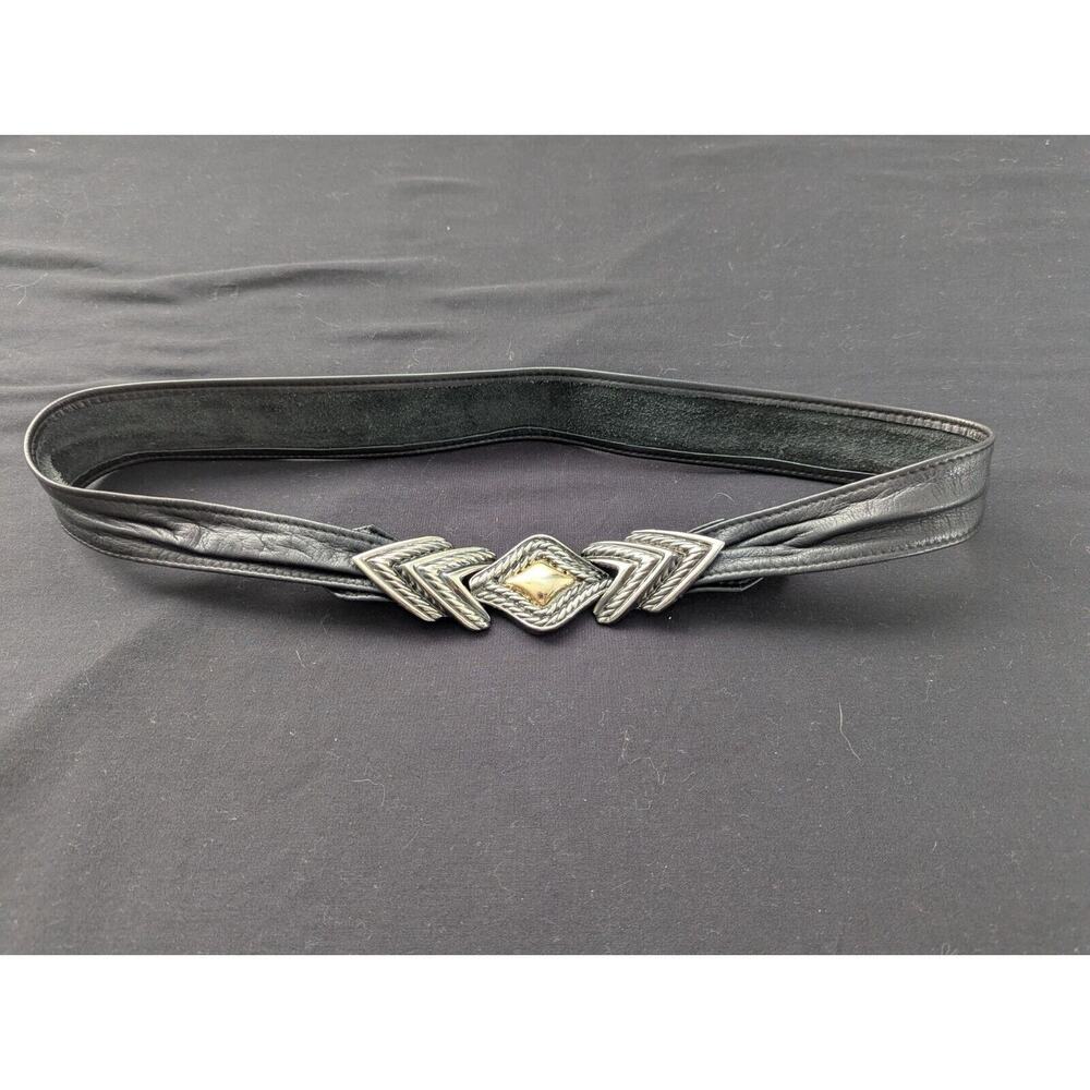 Vtg Revcor Black Leather Waist Cinch Belt Silver Gold Buckle Small 80s Disco